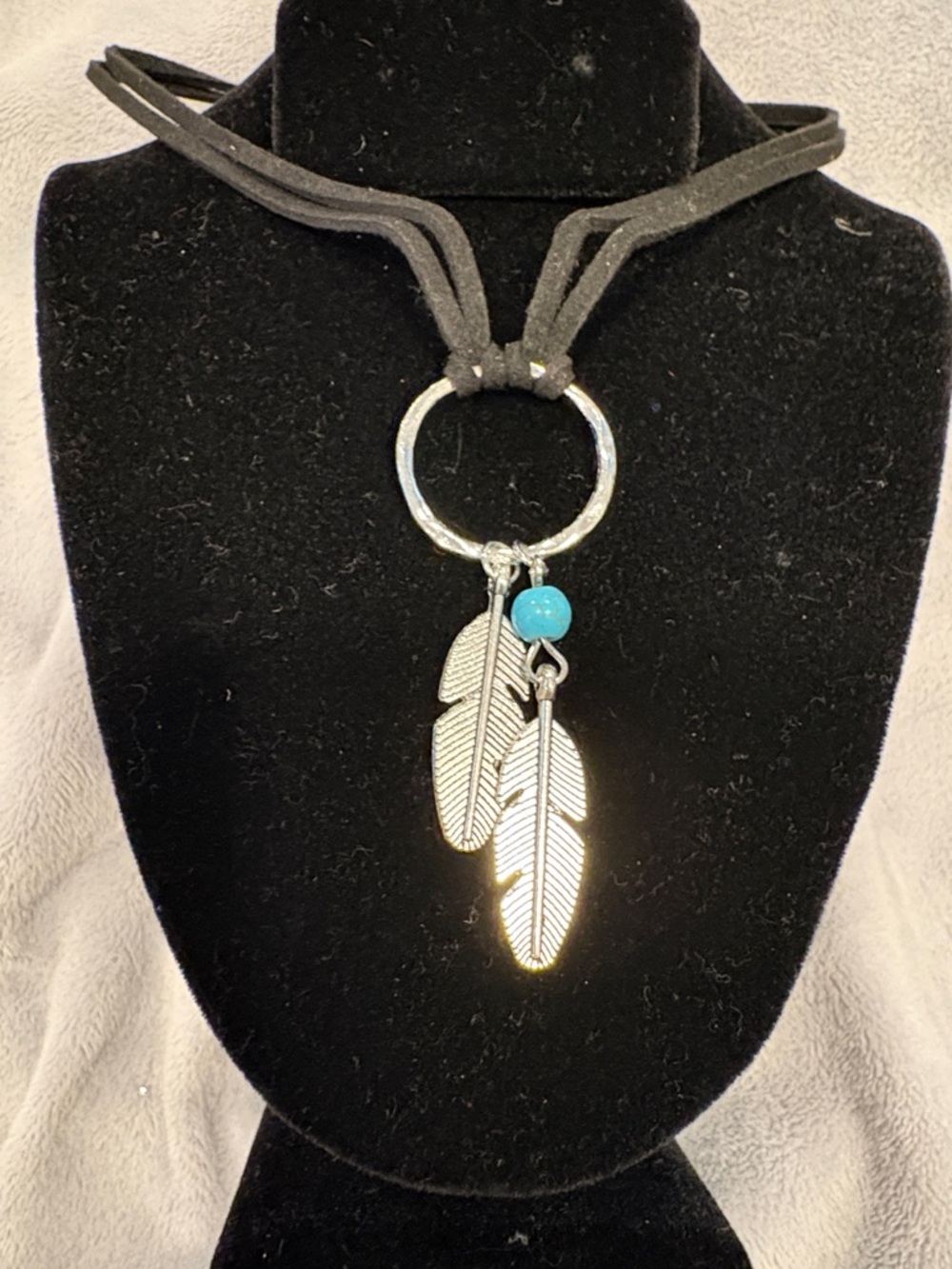 Silver Feather Pendant Necklace with Turquoise Bead - Black Suede Cord